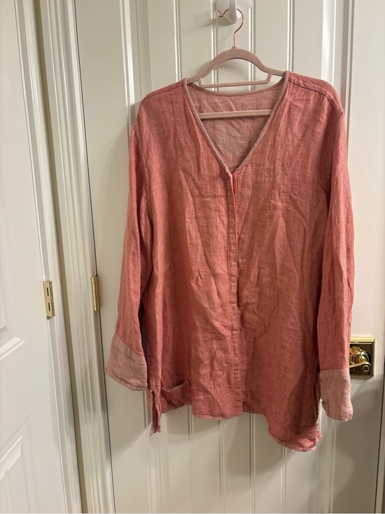 Flax Tops - Flax Reversible Tunic Linen Lagenlook Pink Long Sleeve V Neck Button Top Size L
